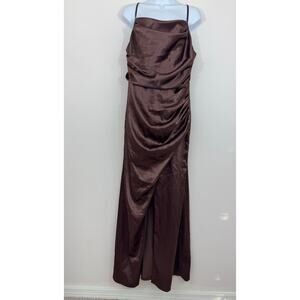 Birdy Grey Chocolate Brown Satin Bridesmaid Maxi Dress Size L Wedding Guest
